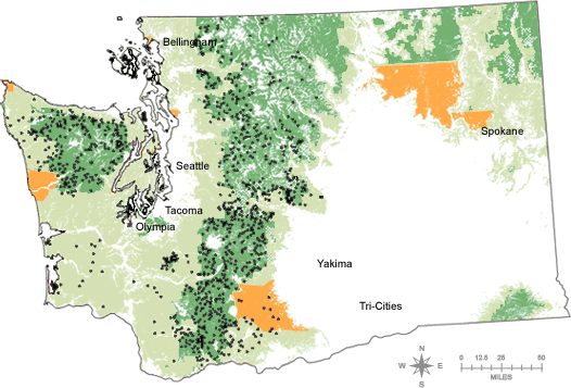 Map of Northern Spotted Owl Sites in Washington State